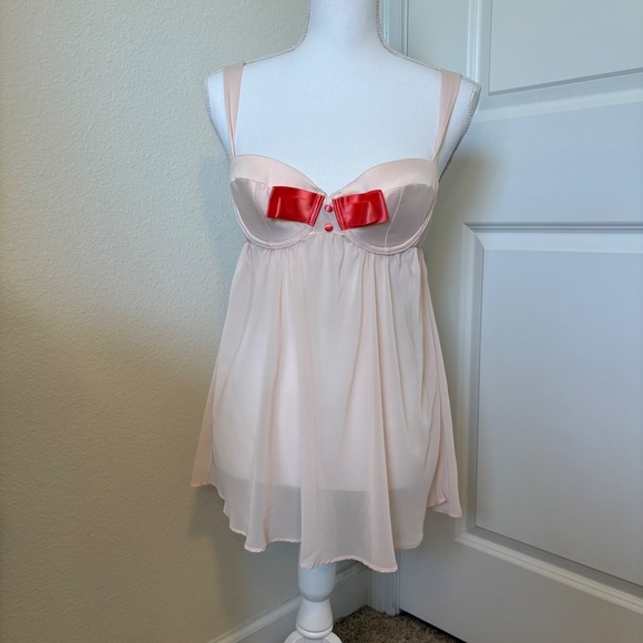 Victoria's Secret Other - Victorias Secret Sexy Little Things Babydoll Chemise Peach Red Bow 36C